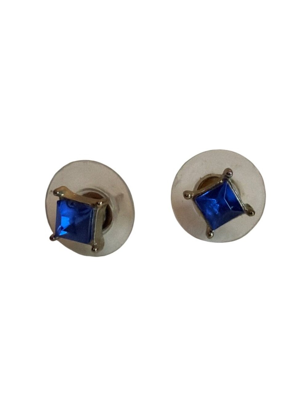 Blue Square Stud Earrings Rhinestone Gold-Tone Prong Setting Minimalist